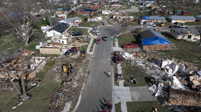 March 15, 2024: An aerial view of homes destroyed by a tornado in Winchester, Indiana. Severe weather and wildfires ravaged parts of the U.S. in March 2024.