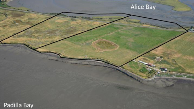 Aerial view of land in a bay with a block line around parts of it.