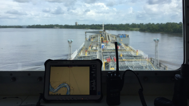 The New Orleans Baton Rouge Steamship Pilots Association uses a portable pilot unit displaying NOAA ENC® data as it guides a tanker running upriver from New Orleans to Baton Rouge.