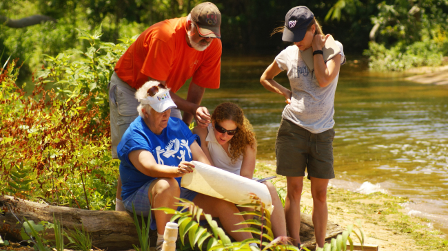 4 teachers, 2 standing and 2 sitting on a log, stop alongside water to look at a piece of paper they are holding. The water is surrounded by bushes and trees.