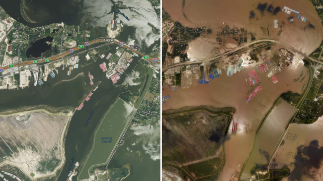 Overhead views of area near Lynchburg, Texas, before (on left) and after Harvey (on right, taken August 31, 2017).