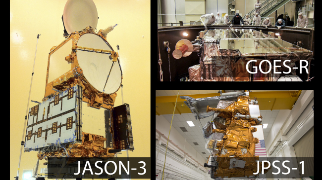 GOES-R, JPSS-1, and Jason-3 satellites