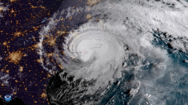 GOES-East satellite image of Hurricane Florence making landfall at Wrightsville Beach, North Carolina on Sept. 14, 2018 