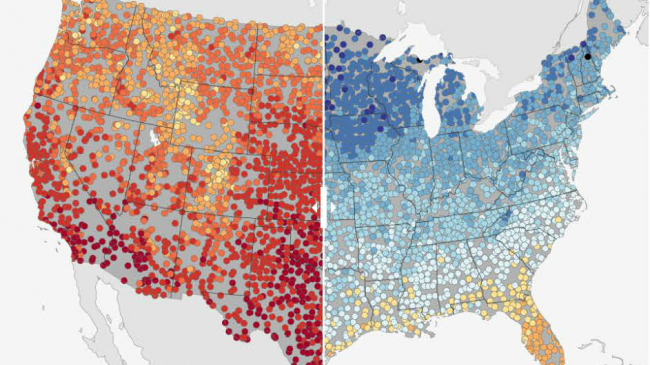 See the sliding version of this map that shows the warmest (left) and coldest (right) first day of spring (March 20) recorded at thousands of U.S. locations.