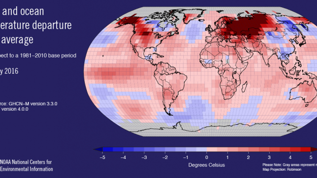 February 2016 global temperature departure from average with respect to a 1981-2010 base period