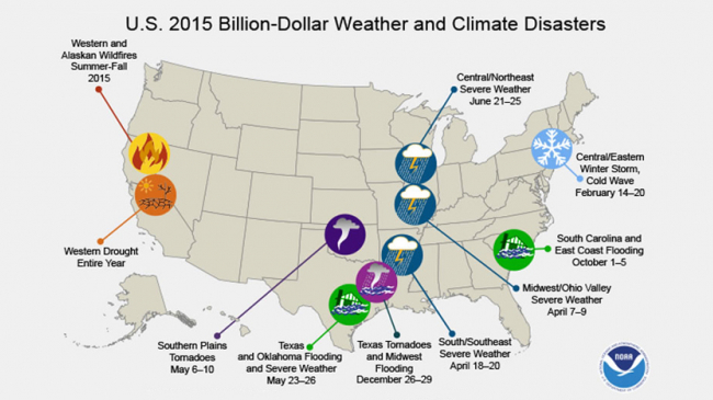 DISASTER AREAS: The locations and types of weather and climate disasters seen in the United States in 2015 that each exceeded $1 billion in losses.