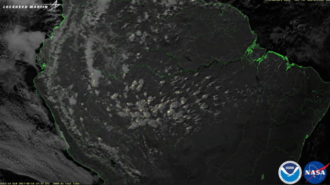 This time-lapse movie shows widespread individual thunderstorms mushrooming in the Amazon basin on the afternoon and evening of Thursday, August 10, 2017. At the end of the movie, horizontally extensive lightning flashes in the evening can be observed across the tops of the mature and long-lived electrified clouds. This imagery was taken by GOES-16's lightning mapper. See more imagery from GOES-16 on our website