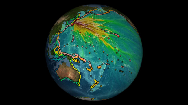 This tsunami was generated by the 9.0 magnitude earthquake off the Pacific coast of Japan on March 11, 2011 along a 300 km or 180 mile long megathrust fault. The wave "energy map" of maximum wave heights show that those coastlines directly in the energy "beam" of red/yellow had a much higher impact than those to either side of it.