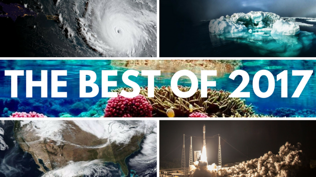 2017 was quite a year for NOAA satellites! Take a look back with us. [Image is a collage of satellite and space images, including a launch pad photo, coral reefs and view of the United States. ]
