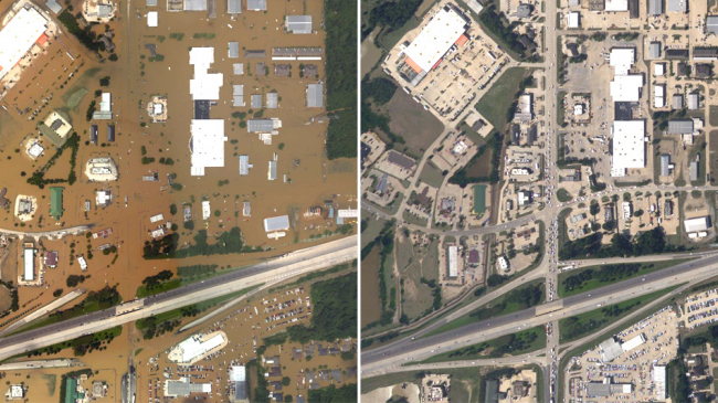 Aerial photo on the left of Denham Springs, Louisiana at the height of the flooding on August 15, 2016, collected by NOAA’s National Geodetic Survey at sites identified by NOAA’s National Weather Service and the Federal Emergency Management Agency. The photo on the right was taken three days later when flood waters had receded. 