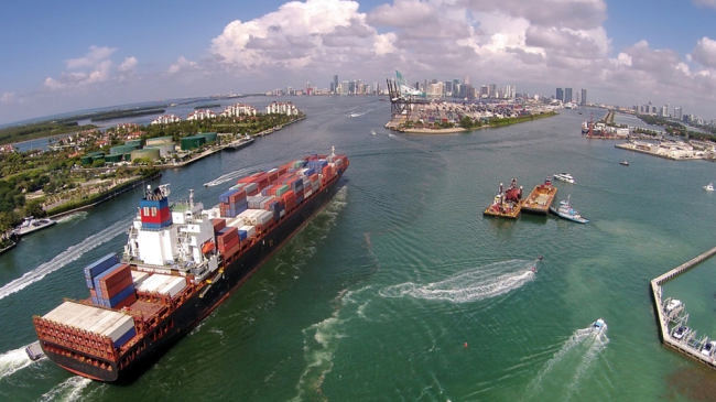 Cargo ship enters PortMiami. 