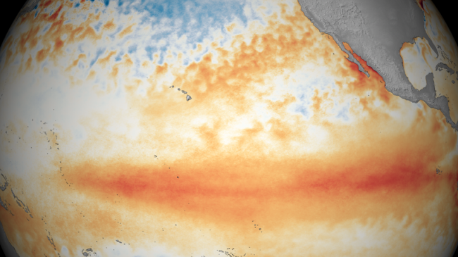 Tropical Pacific sea surface temperature patterns for March 2016, showing El Niño conditions.