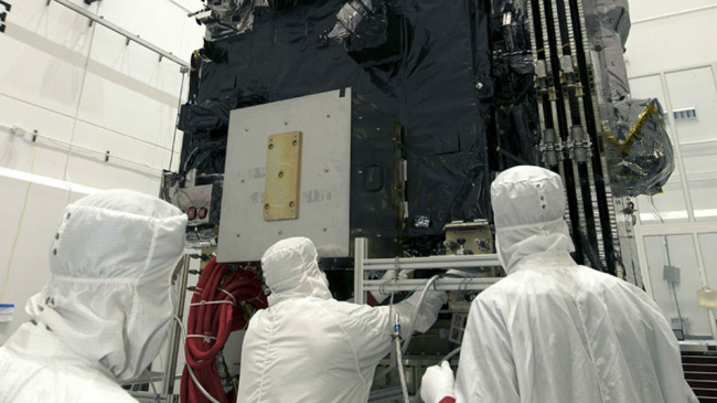 Technicians in the clean room at Astrotech Space Operations in Titusville, Fla. closely inspect and continue working to prepare NOAA's GOES-S for its March 1 launch.
