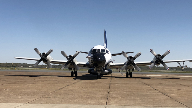 One of NOAA's Hurricane Hunter  P-3 Orion airplanes arrives in Monroe, Louisiana, for VORTEX-SE media day in March 2018.