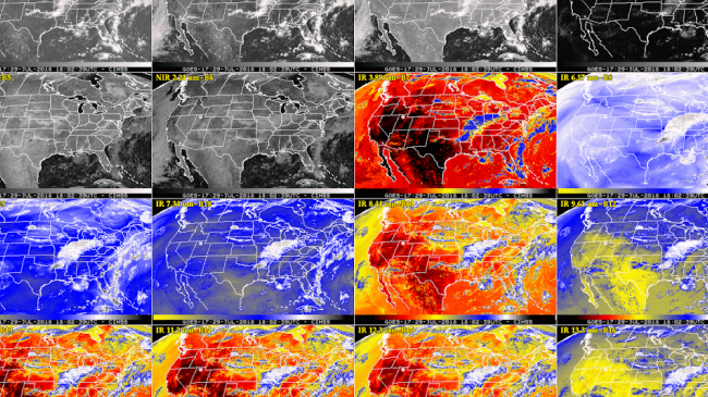 This panel image shows a snapshot of the continental U.S. and surrounding oceans from each of the Advanced Baseline Imager channels at 2:02 p.m. EDT on July 29, 2018. This includes, from top left to bottom right, two visible channels, four near-infrared channels, and ten infrared channels.