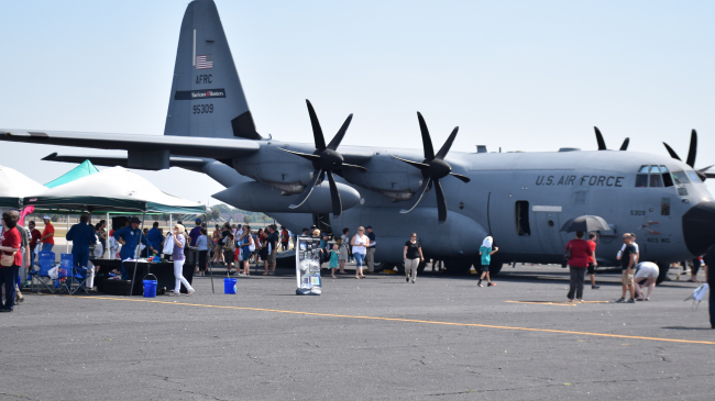 Hundreds of people visit the USAF WC-130J "hurricane hunter" aircraft on May 11, 2017, during its stop in Orlando, Fla.