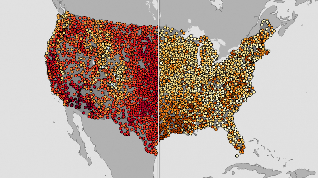 These maps show the hottest summer daytime high temperature recorded at thousands of U.S. stations prior to this summer. 