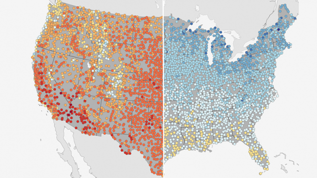 Compare the warmest (left) and coldest (right) first days of summer (June 21) recorded at thousands of U.S. locations.