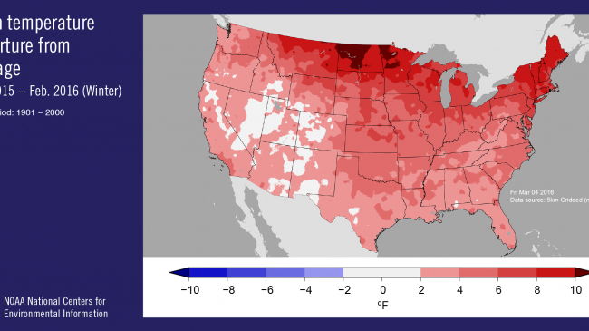 US Winter mean temperature departure from average, Dec. 2015 to Feb. 2016