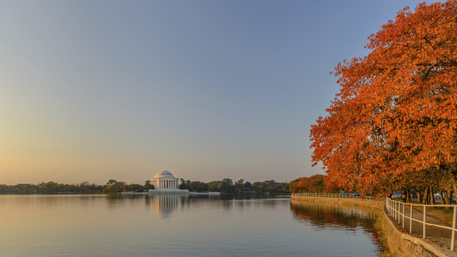 Washington DC, USA - Peaceful autumn scene of the Tidal Basin in Washington DC, with the Jefferson Memorial and the vivid colors of the foliage of the trees lining the pond.