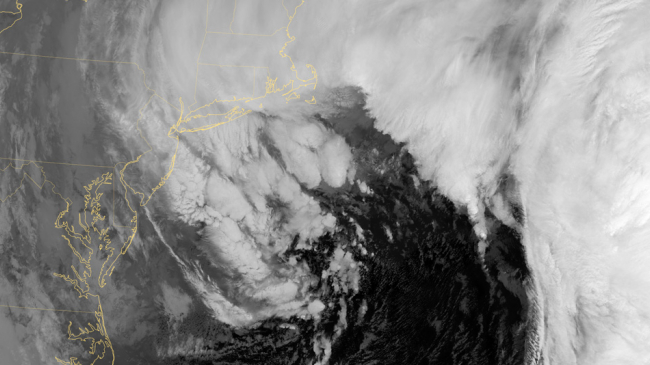 A fierce Nor’easter sprawls across the U.S. Northeast on January 27, 2015, in this Suomi NPP nighttime satellite image. 