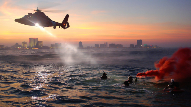 Coast Guard rescue swimmers from Coast Guard Air Station Atlantic City train off of the coast Atlantic City, New Jersey.