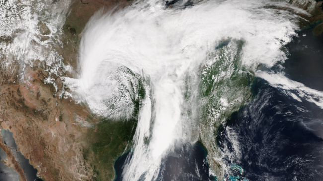 A sprawling storm system moves across the country on April 30, 2017, as seen in this NOAA/NASA Suomi NPP satellite image.