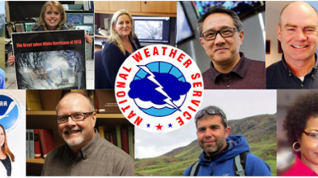 A collage of nearly two dozen National Weather Service employees in their offices, in the field, and at outreach events. 