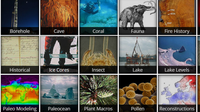 A 3x6 grid of labeled images of the different types of paleoclimatology data available: boorhole, cave, coral, fauna, fire history, forcing, historical, ice cores, insect, lake, lake levels, loess, paleo modeling, paleocean, plant macros, pollen, reconstructions, tree ring