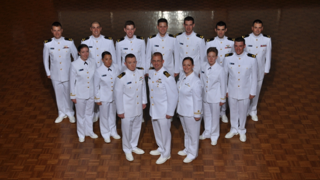 One NOAA Corps Basic Officer Training class of 14 Officers, all wearing their Service Dress White uniforms.