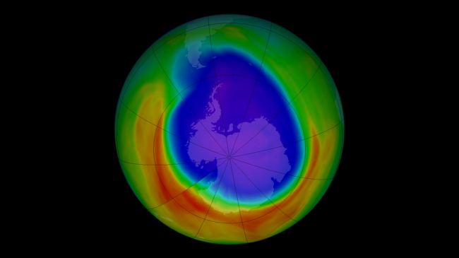 This image of the southern hemisphere shows the ozone hole that typically forms over the South Pole during the austral spring.