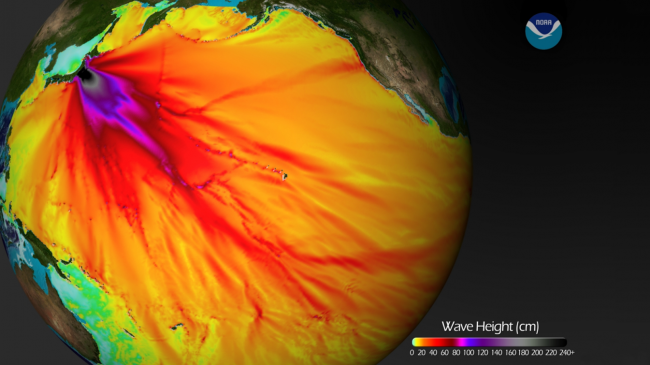 A map of the Earth visualizing the expected tsunami wave heights from the March 2011 Honshu, Japan earthquake. The highest tsunamis are in the area immediately surrounding the earthquake, but tsunamis reached all the way across the Pacific Ocean to the North and South American coast.