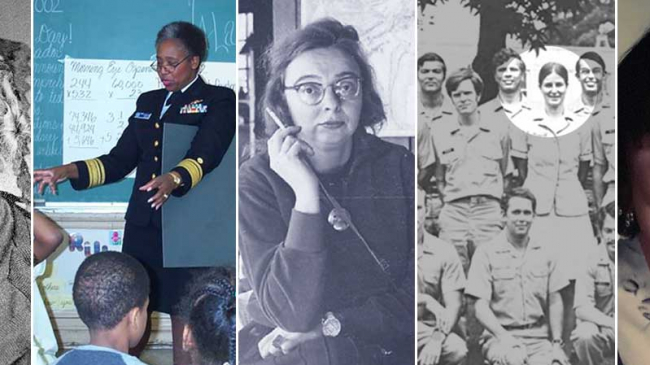 From left to right, photographs of Maria Mitchell, Rear Admiral Evelyn J. Fields (ret.), Marie Tharp, Pamela Chelgren-Koterba, and Dr. Nancy Foster.