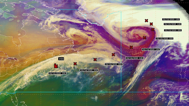 A satellite image of projected locations of a storm moving east to the North Atlantic February 13, 2020.