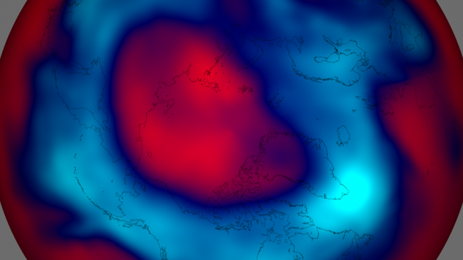 NOAA satellites observed an ozone hole developing over the Arctic March 10, 2020. In this snapshot, places where ozone amounts are less than 280 Dobson Units are shown in red.