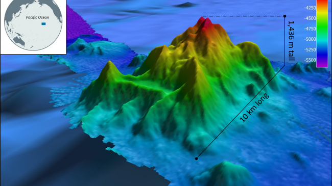 This image shows the topography of the Okeanos Explorer Seamount, a 4,711 foot feature located south of Midway Islands within the Papahānaumokuākea Marine National Monument. NOAA scientists first mapped the seamount in March 2016 using shipboard mapping sonars and then explored it with OER’s remotely operated vehicle (ROV) Deep Discoverer during the 2016 Hohonu Moana expedition.