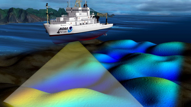 An illustration of a NOAA ship using sonar (a multibeam echo sounder) to map the seafloor.