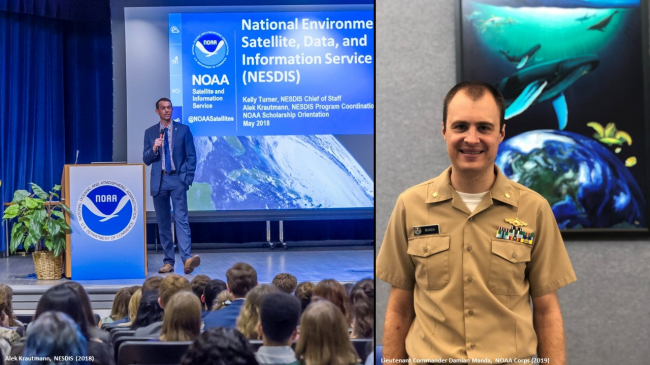 A side-by-side photo of Alek Krautmann, a management and program analyst for NOAA’s National Environmental Satellite, Data, and Information Service (NESDIS) and Damian Manda, a Lieutenant Commander in the NOAA Corps.