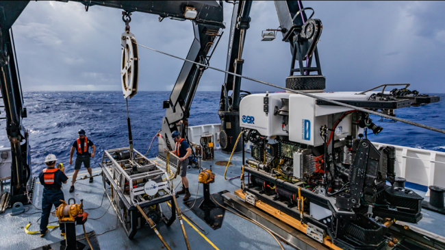 NOAA crew and scientists aboard NOAA Ship Okeanos Explorer prepare to deploy remotely operated vehicles that will help NOAA explore and characterize the features and marine life of the Atlantic deep ocean off South Carolina. 