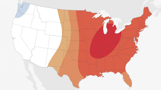 Across the eastern half of the U.S., March 2020 temperatures are more likely to be in the upper third of the 1981-2010 climate record (red colors) than in the middle or lower third. Darker colors mean higher chances, not more extreme temperatures. 