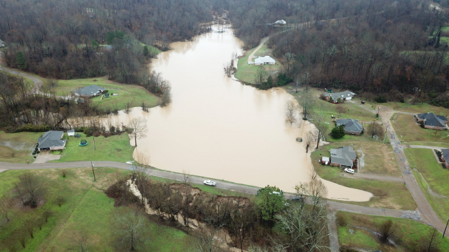 February 11, 2020 -- An aerial photo of a levee failure that flooded the Springridge Place Subdivision in Yazoo County, Mississippi, following heavy rainfall. Four homes and a church were threatened.  
