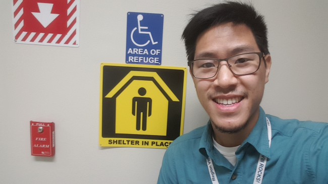 Minh Phan, who works at the Federal Emergency Management Agency (FEMA), takes a #SafePlaceSelfie in a severe weather shelter.