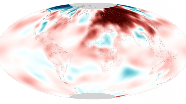 This global map shows where February 2020 temperatures were up to 11° F (6° C) cooler (darkest blue) or warmer (darkest red) than the 1981-2010 average.