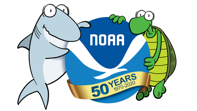 NOAA 50th logo with Sherman the shark and Fillmore the sea turtle.