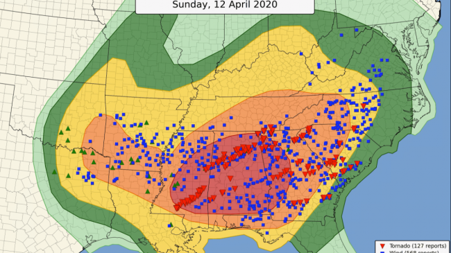 This April 12, 2020, NOAA National Weather Service image shows the weather outlook, including reported numbers of tornadoes, for the U.S. Southeast states.