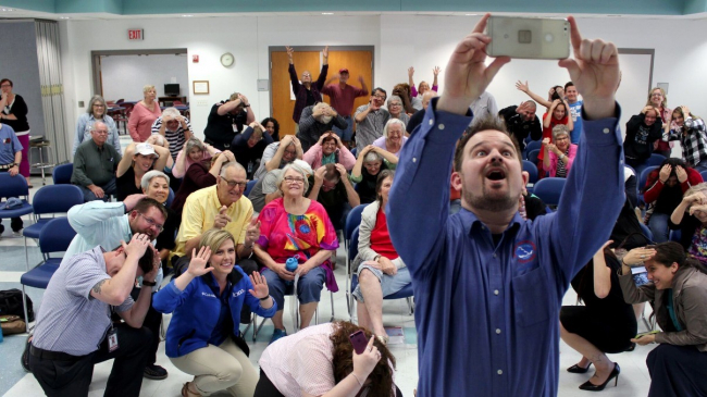 National Weather Service meteorologist Trevor Boucher takes a group selfie during the Town Hall for Texas School for the Deaf and Austin Deaf Senior Citizens about weather hazards and weather safety. This photo was taken on November 19, 2018.