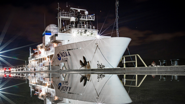 NOAA Ship Okeanos Explorer in Pascagoula, Mississippi, at night during the Gulf of Mexico 2018 expedition. 