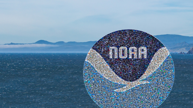 A photo mosaic comprising a large NOAA logo with ocean and mountains near Port Orford, Oregon, in the distance.