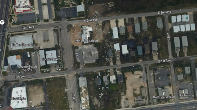 A September 18, 2020, aerial image (zoomed-in), taken by NOAA aircraft, of the area west of Shelby Lake, Gulf Shores, Alabama (near SR-182) just days after Hurricane Sally swept through.