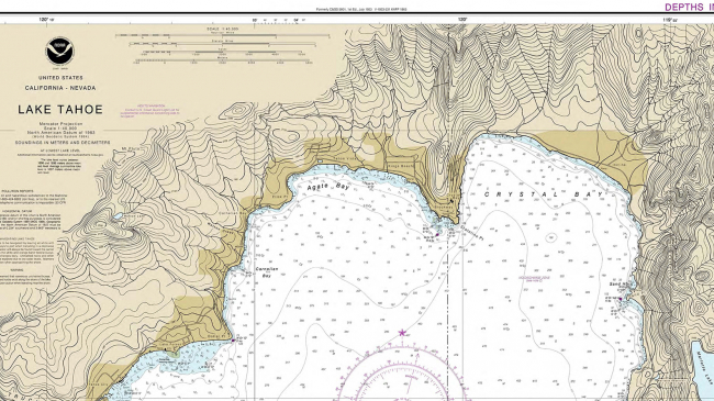 Chart 18665 of Lake Tahoe is the first traditional paper chart to be fully supplanted by an electronic navigational chart as part of NOAA’s Office of Coast Survey Raster Sunset Plan. Shown is the lake's northern shore.
